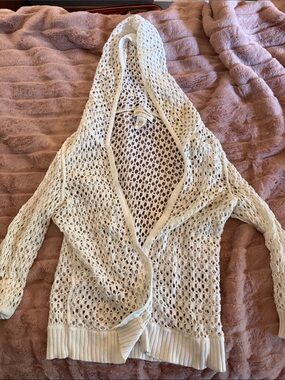 Open-Knit Hooded Women’s Sweater Cardigan Swim Coverup - White